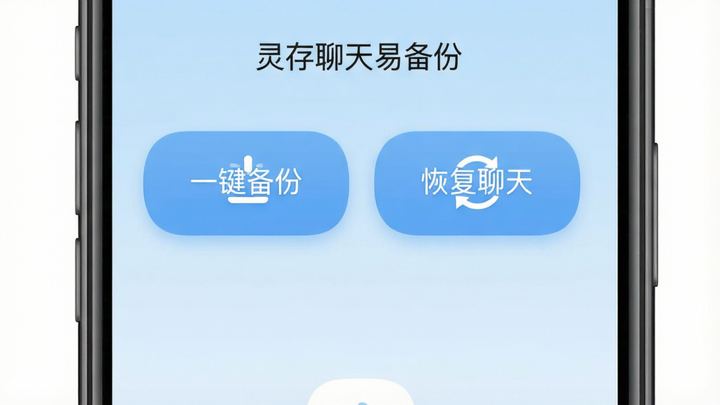 一张手机屏幕截图,界面中央显示“灵存聊天易备份”主界面,上方有“一键备份”“恢复聊天”两个大按钮,背景为淡蓝色渐变,整体布局简洁清晰,图标圆润,文字“灵存聊天易备份”置于顶部,画质干净,无多余元素