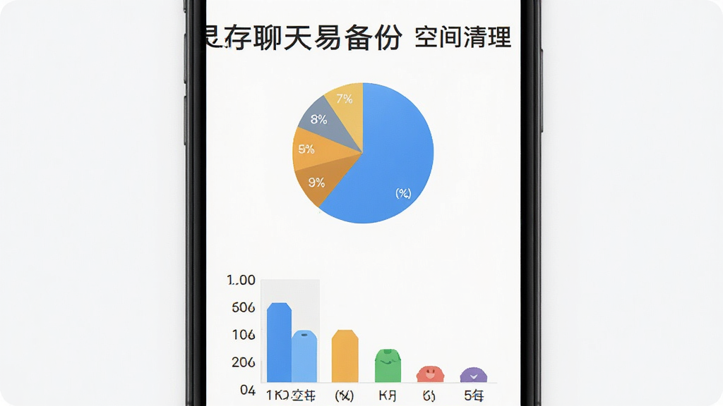 手机屏幕显示存储空间分析饼图,上方写着“灵存聊天易备份 空间清理”,下方列出各类文件占用的柱状图,背景简洁,数据可视化清晰,画质干净,无多余元素