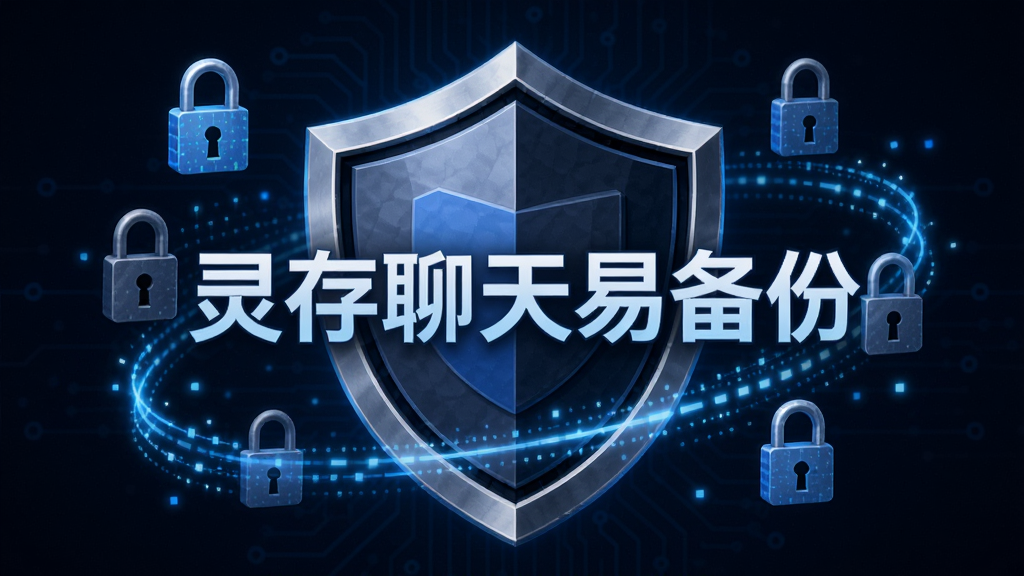 一个盾牌图标位于画面中央,盾牌上写着“灵存聊天易备份”,周围环绕着锁和加密的线条,背景为深蓝色科技感风格,主体突出,构图稳定,画质高清,无多余元素