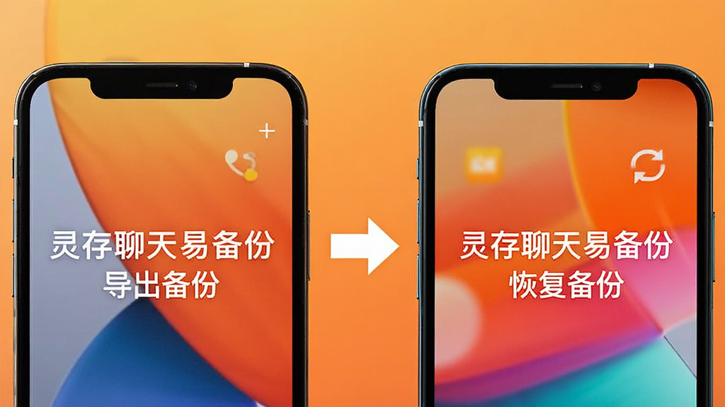 两台手机并排,左边手机显示“灵存聊天易备份 导出备份”,右边手机显示“灵存聊天易备份 恢复备份”,中间有箭头连接,背景为暖色渐变,画面明亮,主体清晰,文字可见,画质干净