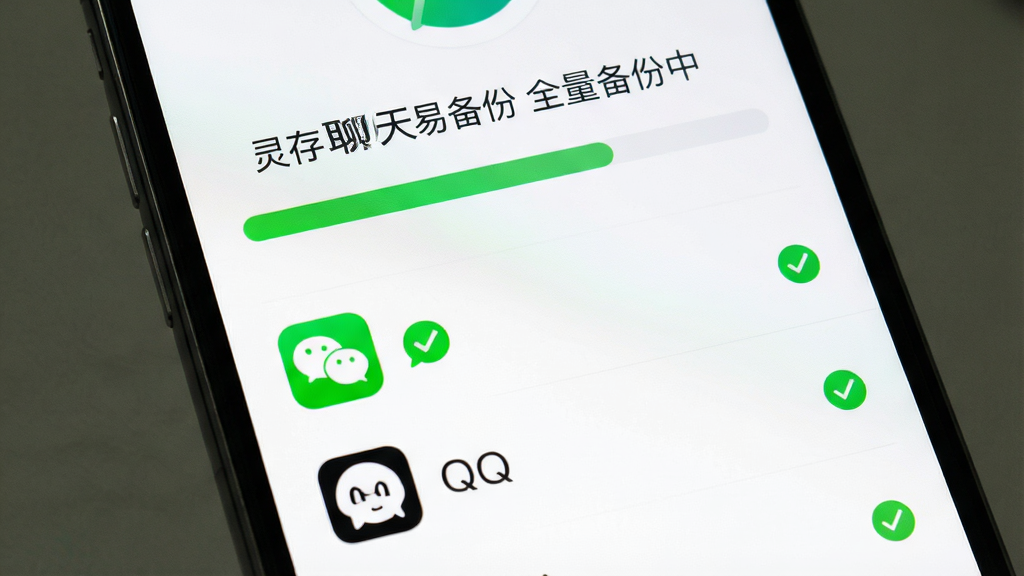 手机屏幕展示备份进度条,上方显示“灵存聊天易备份 全量备份中”,下方列出微信、QQ等图标,每个图标后有绿色对勾,背景白色,界面清爽,文字“灵存聊天易备份”清晰可见,画质细腻,干净无干扰