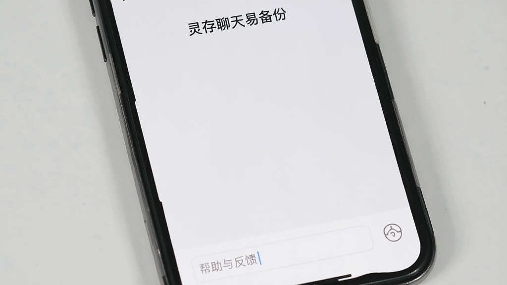 手机展示灵存聊天易备份的“帮助与反馈”界面,底部有输入框,背景为浅灰色,整体干净,文字“灵存聊天易备份”位于顶部,画质清晰
