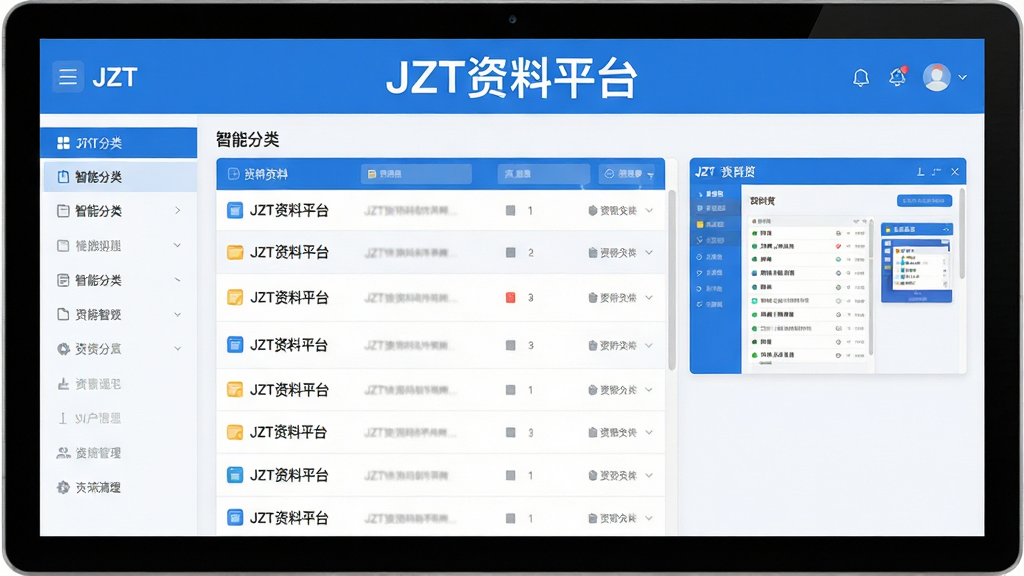 一张展示JZT资料平台在主界面运行的预览图,画面中央是简洁清晰的资料列表,左侧有智能分类导航栏,右侧显示资料预览窗口,整体UI采用蓝白配色,现代扁平化设计风格,屏幕中显示“JZT资料平台”字样,画质高清,干净整洁,无多余元素