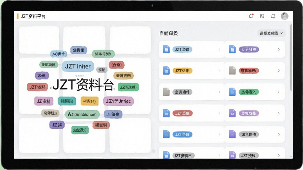 一张JZT资料平台智能分类功能的界面截图,画面显示左侧为标签云,右侧为按类别自动归类的文件列表,每个文件旁有彩色标签标识,界面采用卡片式布局,色彩柔和,整体观感清爽,屏幕显示“JZT资料平台”软件名称,画质清晰,无多余元素