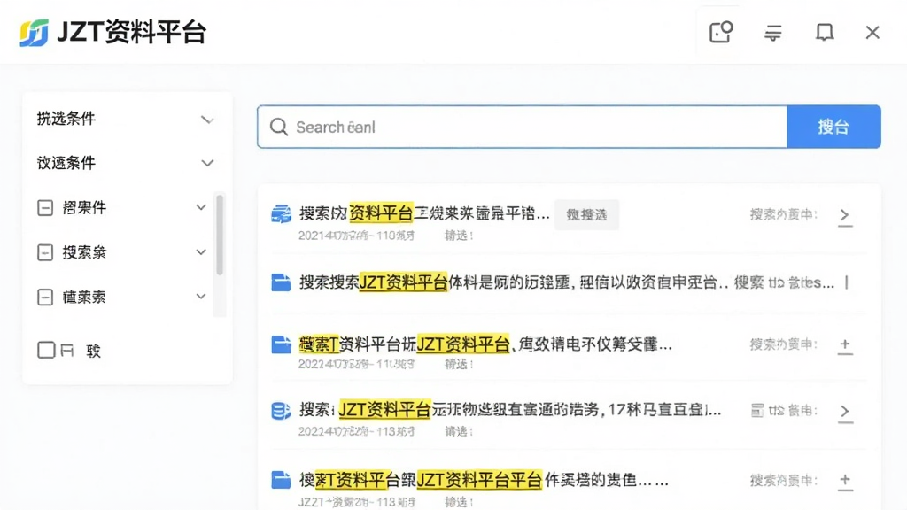 一张展示JZT资料平台搜索功能的界面,画面中央是搜索框,下方展示搜索结果列表,结果中关键词以黄色高亮标注,左侧有筛选条件面板,界面简洁明亮,突出“JZT资料平台”的Logo,画质高清,无多余元素