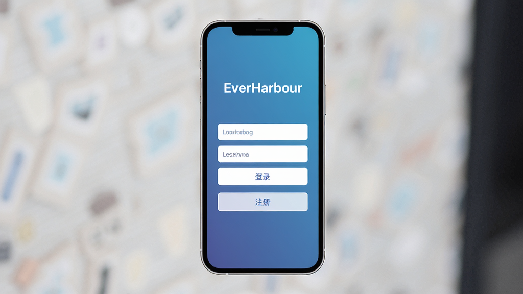 EverHarbour应用在手机上的登录页面,背景为渐变蓝色,屏幕中央有白色登录表单,上方显示“EverHarbour”Logo,下方有“登录”和“注册”按钮,整体风格简约,光线柔和,画质清晰,干净无多余元素
