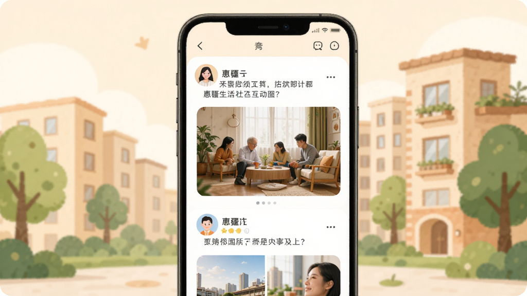 惠疆生活app社区互动预览图,手机界面显示动态列表,包含用户头像、文字、图片,背景有社区楼宇与绿树插画,风格温馨,色彩柔和,画质干净,无多余元素。