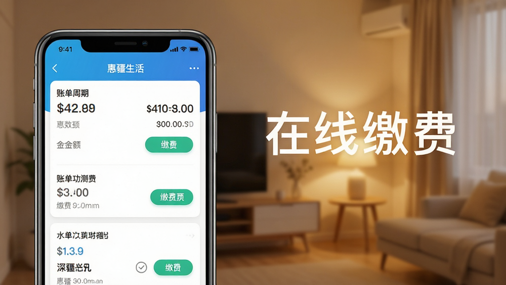 惠疆生活app缴费功能预览图,手机界面展示水电燃气缴费列表,包含金额、账单周期、缴费按钮,背景为简约室内暖色灯光,突出“在线缴费”字样,界面风格清新,细节丰富,画质干净,无多余元素。