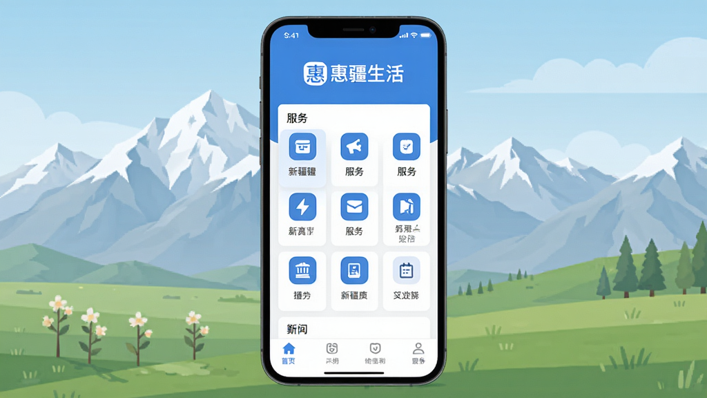 惠疆生活app主界面展示,手机屏幕占据画面中心,背景为新疆天山与草原融合的淡雅插画,界面显示“惠疆生活”Logo、服务图标网格、底部导航栏,整体采用蓝白主色调,扁平化设计风格,布局清晰,画质干净,无多余元素。