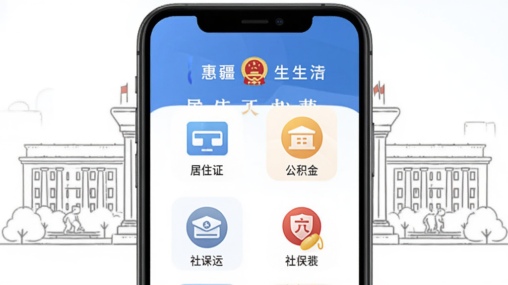 惠疆生活app政务办事功能预览图,手机界面展示居住证、公积金、社保等图标,背景为政府大楼简约线条画,风格庄重,排列整齐,画质干净,无多余元素。