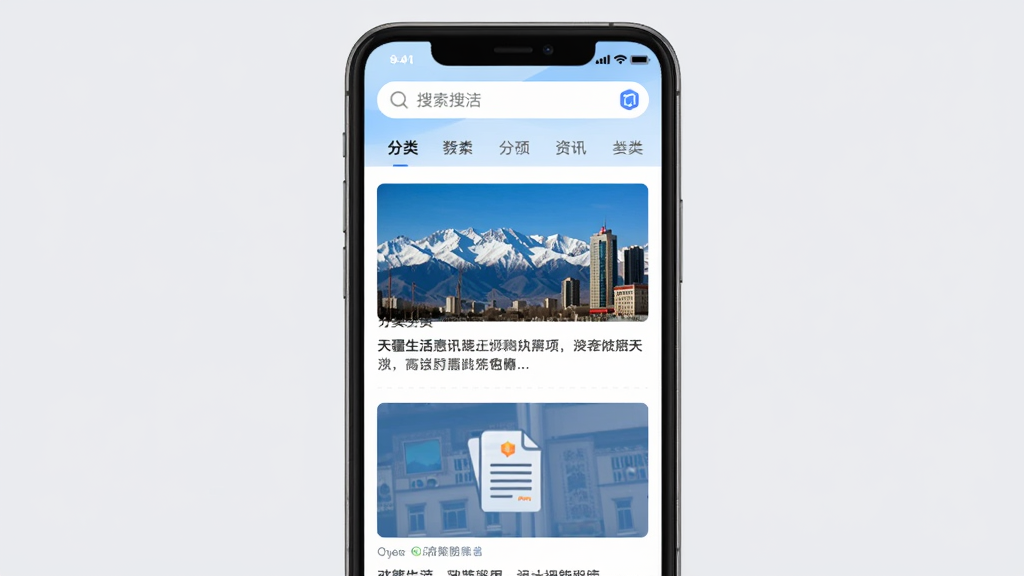 惠疆生活app资讯页面预览图,手机屏幕显示新闻列表,配图有天山雪景、城市建筑、政策文件图标,顶部搜索栏与分类标签,背景为浅灰色,排版简洁,信息层次分明,画质干净,无多余元素。