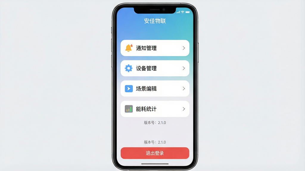 主体:手机截图显示“安佳物联”设置页面,页面中有“通知管理”“设备管理”“场景编辑”“能耗统计”等菜单项;布局:手机竖屏居中,屏幕上方为“安佳物联”标题栏,下方为菜单列表,背景为纯色渐变;排版:菜单项为白色圆角矩形,左侧有图标,右侧有“>”箭头;风格:扁平化、简洁、浅灰背景;细节:菜单项下方有“版本号:2.1.0”小字,底部有“退出登录”红色按钮;画质:高清渲染、干净、无多余元素。