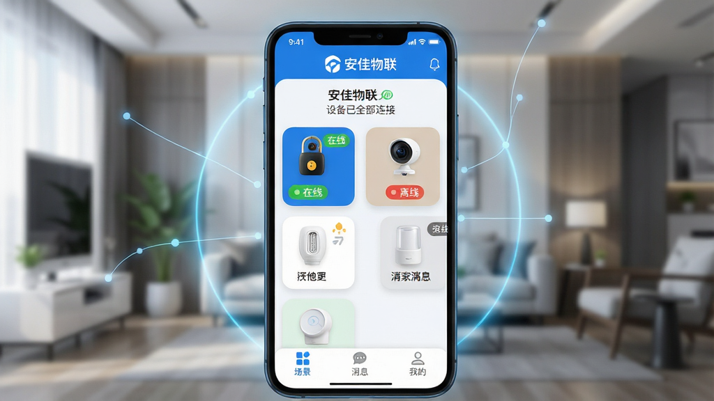 主体:智能手机屏幕展示“安佳物联”主界面,界面中排列智能门锁、摄像头、灯光、传感器等设备卡片,卡片上有“在线”“离线”状态标签;布局:手机居中,屏幕朝前,周围有淡淡的光晕和连接线条,背景是模糊的现代客厅环境;排版:设备卡片为圆角矩形,整齐排列,底部有“场景”“消息”“我的”三个标签栏;风格:科技感、扁平化、蓝色与白色主色调;细节:屏幕中显示“安佳物联”Logo和“设备已全部连接”提示,电量图标和WiFi图标清晰可见;画质:高清渲染、干净、无多余元素。