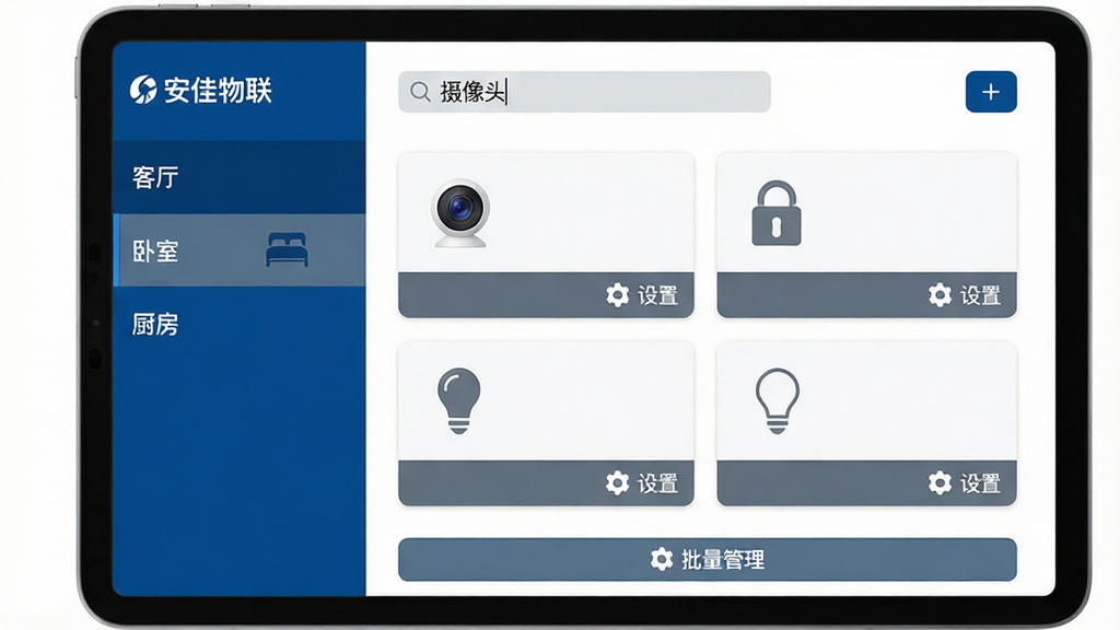 主体:“安佳物联”App的设备列表页面,左侧为侧边栏显示“客厅”“卧室”“厨房”分组,右侧为设备卡片,卡片上有摄像头、门锁、灯泡图标;布局:平板电脑横屏展示,界面左右分栏,左侧分组为深蓝色背景,右侧为白色背景;排版:卡片两列排列,每个卡片右下角有“设置”齿轮图标;风格:简洁商务风,蓝灰配色;细节:顶部搜索框输入“摄像头”,右上角有“+”添加按钮,底部有“批量管理”按钮;画质:高细节、干净、无多余元素。