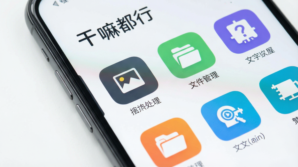 一张智能手机屏幕的特写,屏幕上显示“干嘛都行”应用的主界面,界面布局清晰,有多个彩色功能图标排列,包括图片处理、文件管理、文字识别等,背景简洁明亮,现代扁平化设计风格,画质干净,无多余元素