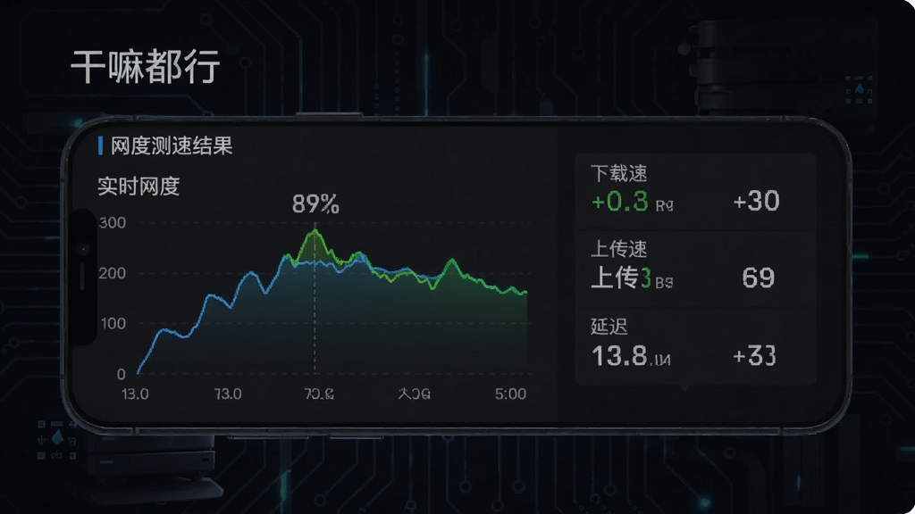 一张“干嘛都行”网速监测功能的展示图,手机屏幕上有实时网速曲线图和测速结果,包括下载速度、上传速度、延迟数据,背景为深色科技风,数据清晰可见,风格专业,画质干净,无多余元素