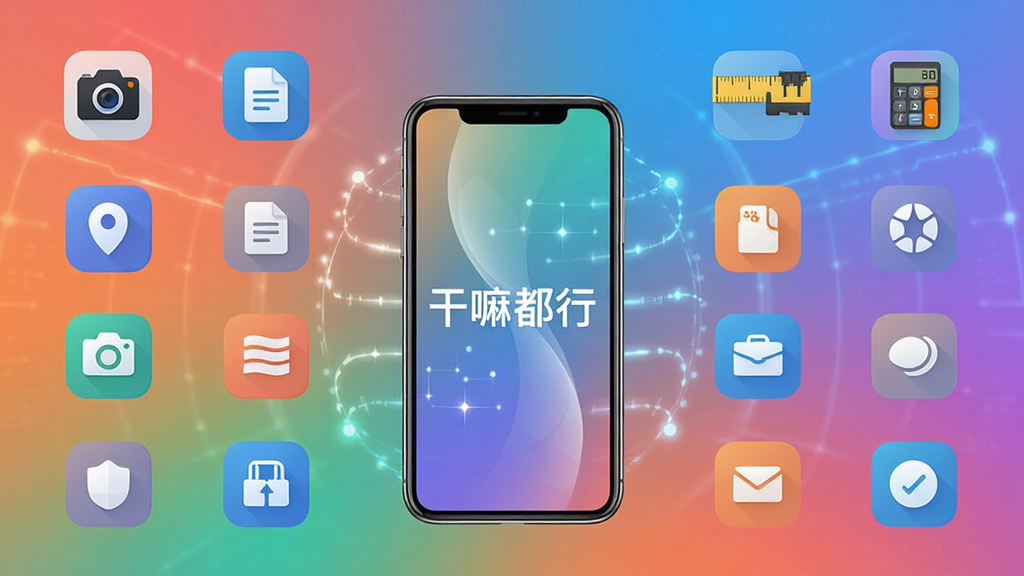 一张展示“干嘛都行”软件功能全景图的宣传海报,画面中央是手机模型,手机屏幕周围环绕着各种功能图标,如相机、文档、测量尺、计算器等,背景采用渐变色,风格现代科技感,排版整齐,画质清晰,无多余元素