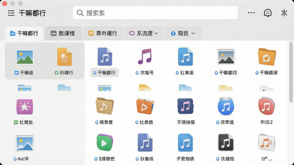 一张“干嘛都行”文件管理功能的界面截图,屏幕中显示文件列表,有图片、文档、音频等分类标签,顶部有搜索栏,界面简洁,图标清晰,背景为浅灰色,风格清爽,画质干净,无多余元素