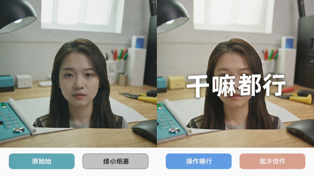 一张展示“干嘛都行”图片处理功能的对比图,左侧是原始图片,右侧是处理后的效果,图片被抠出主体并更换了背景,界面下方有操作按钮,背景为工作台场景,光线明亮,细节丰富,画质干净,无多余元素