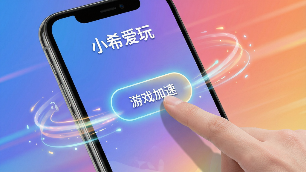 一张“小希爱玩”软件在手机上的操作示意图,画面展示用户手指点击“游戏加速”按钮的瞬间,屏幕周围有流畅的线条特效,背景为渐变色,风格动感,画质清晰,无多余元素。