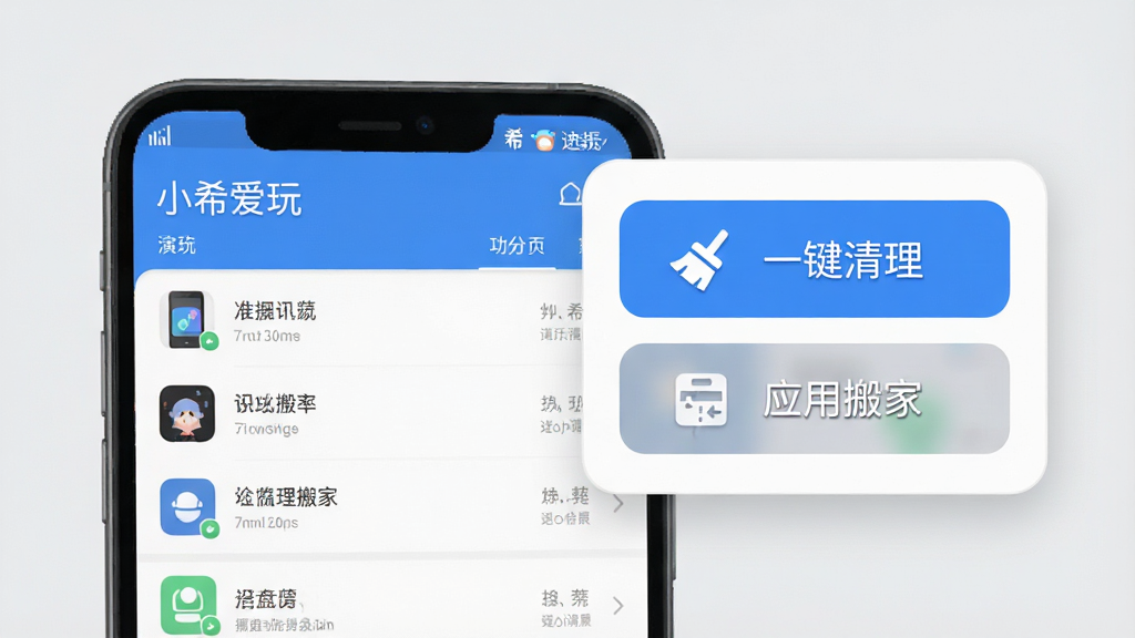 一张“小希爱玩”软件的功能演示图,画面左侧是手机屏幕的放大图,显示着应用列表,右侧是悬浮的功能面板,突出显示“一键清理”和“应用搬家”两个功能按钮,背景为浅灰色,风格扁平化,细节清晰,画质干净,无多余元素。