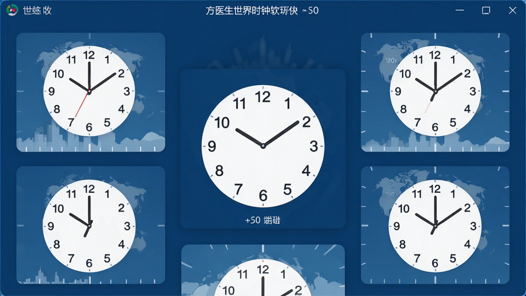 方医生世界时钟软件主界面,展示多个世界城市时钟卡片,布局清晰,深蓝背景,白色文字,扁平化设计风格,细节丰富,画质干净,无多余元素