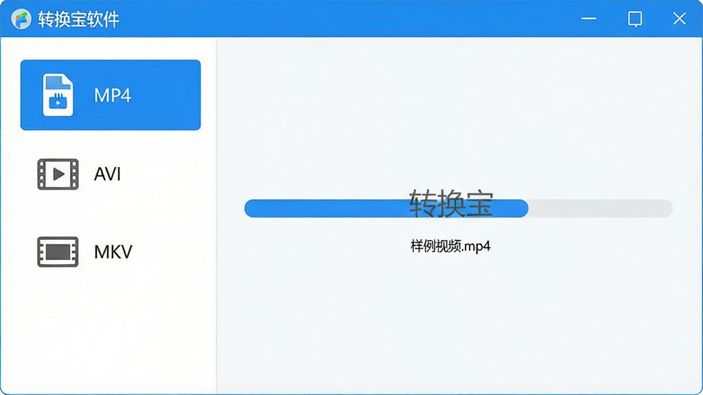 主体:转换宝软件的视频转换功能界面,显示一个视频文件正在被转换;布局:界面中央有进度条,左侧显示视频格式选项如“MP4”、“AVI”、“MKV”;排版:信息清晰,格式选项以图标和文字并排展示;风格:简洁明亮,蓝色与白色为主色;细节:进度条上有“转换宝”水印字样,文件名称显示为“样例视频.mp4”;画质:高清细腻,干净无多余元素