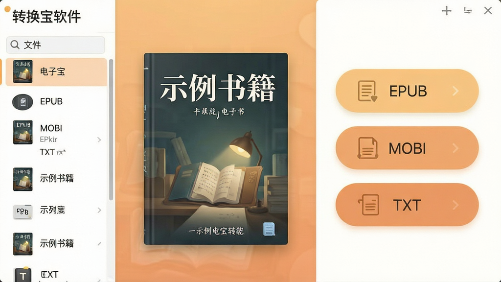 主体:转换宝软件的电子书转换功能界面,展示一本电子书封面;布局:界面简洁,左侧为电子书文件列表,右侧为格式选择按钮;排版:直观易用,大图标设计;风格:清新雅致,暖色调背景;细节:电子书封面显示书名《示例书籍》,格式选择区有“EPUB”、“MOBI”、“TXT”选项按钮;画质:清晰柔和,无多余元素