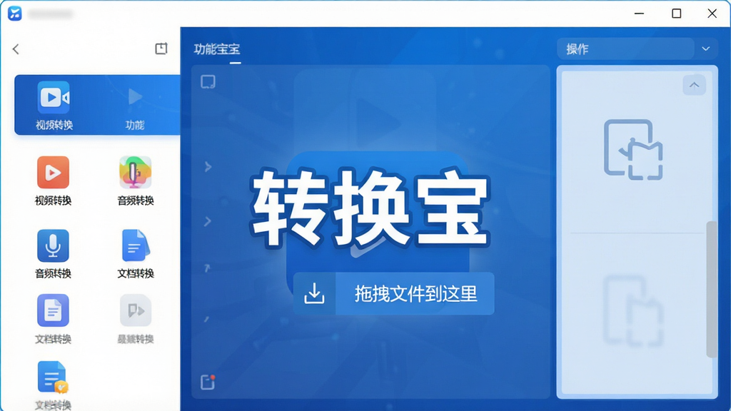主体:转换宝软件主界面展示,居中显示清晰的“转换宝”中文Logo;布局:界面左侧为功能列表,右侧为操作区域,整体布局规整有序;排版:现代扁平化设计,功能图标整齐排列;风格:科技感与商务感结合,蓝色主题色调;细节:界面中显示“视频转换”、“音频转换”、“文档转换”等功能图标,屏幕中央有“拖拽文件到这里”的提示框;画质:4K高清,干净无多余元素