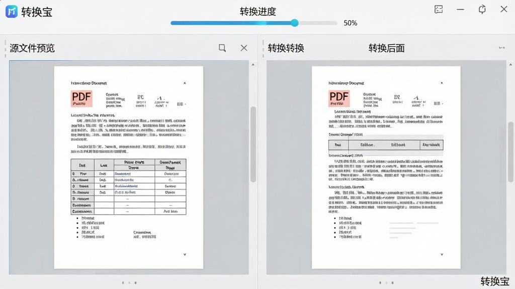 主体:转换宝软件的文档转换界面,预览中展示一份PDF文件转换为Word文档的过程;布局:界面分为左右两栏,左侧为源文件预览,右侧为转换后的文档预览;排版:清晰对比展示,顶部有转换进度提示;风格:商务简约风格,浅灰色背景;细节:文档中文字清晰,表格线条分明,界面角落有“转换宝”标识;画质:高分辨率,干净整洁