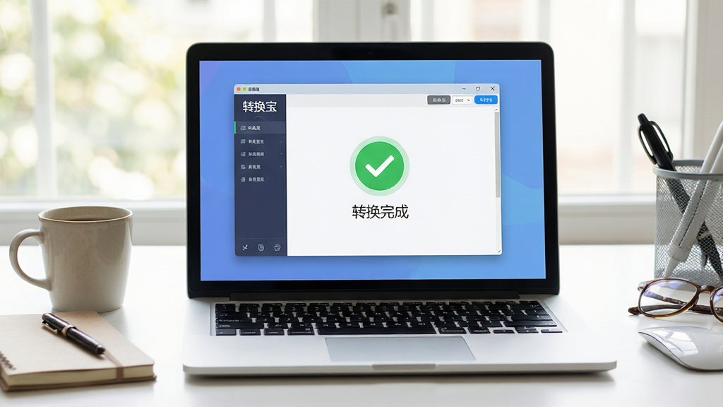 主体:一台笔记本电脑上运行着转换宝软件,屏幕显示转换完成的绿色对勾图标;布局:电脑位于画面中央,周围有咖啡杯和笔记本等办公用品;排版:场景化展示,自然协调;风格:生活化写实风格,光线明亮;细节:屏幕中“转换宝”界面清晰可见,并显示“转换完成”字样;画质:高清摄影质感,干净无多余元素