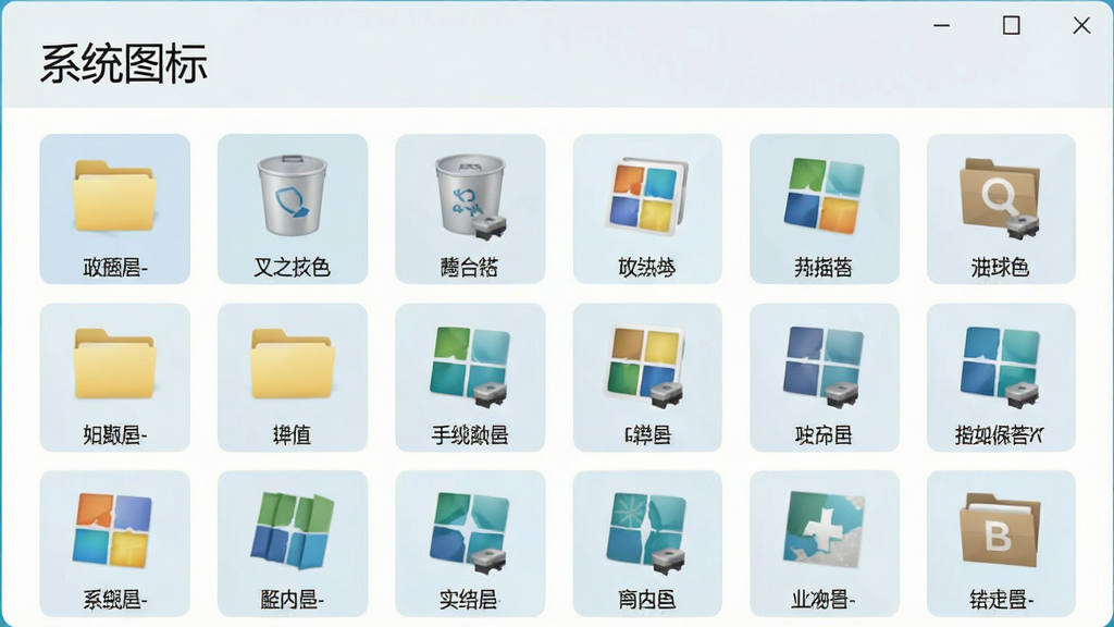 图标提取工具系统图标扫描结果页面,展示Windows文件夹、回收站等系统图标,排列在网格中,每个图标下方标注名称,界面风格统一,色调柔和,文字