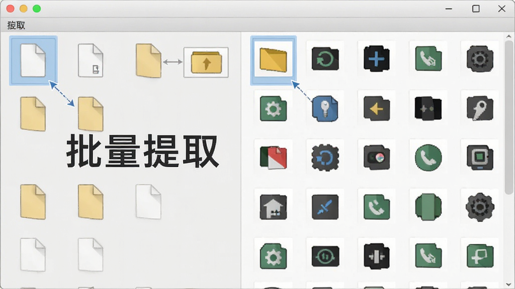 图标提取工具批量提取功能示意图,软件界面中同时选中多个文件,右侧显示大量图标缩略图,背景为浅灰色,界面布局清晰,文字标识