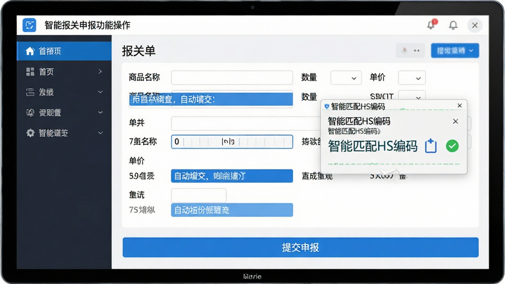 主体:智能报关申报功能操作界面,屏幕上展示报关单填写表单及“智能匹配HS编码”提示框。布局:左侧为菜单栏,右侧为表单区域,底部有“提交申报”按钮。排版:表单字段清晰,使用蓝色高亮突出自动填充内容。风格:简洁明亮,专业工具风格。细节:表单中显示“商品名称”“数量”“单价”等字段,匹配结果以绿色勾选标记。画质:高清,界面干净无冗余。