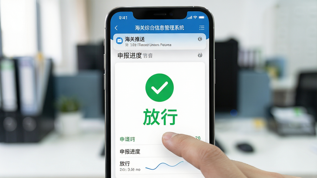 主体:用户正在使用手机端海关综合信息管理系统,屏幕显示“申报进度”查询结果。布局:手机居中,背景为模糊的办公场景。排版:手机屏幕放大特写,显示绿色对勾图标与“放行”字样。风格:写实摄影风格,光线明亮。细节:手指滑动屏幕,通知栏显示“海关推送”消息。画质:高清,背景虚化干净。