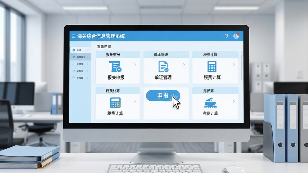 主体:海关综合信息管理系统PC端界面展示,背景为现代办公场景,屏幕上清晰显示“海关综合信息管理系统”字样及功能模块。布局:居中构图,屏幕为视觉焦点,两侧有简约的办公桌与文件。排版:界面采用浅蓝与白色主色调,模块图标排列整齐。风格:专业商务风,科技感十足。细节:屏幕内包含“报关申报”“单证管理”“税费计算”等文字标签,鼠标指针悬停于“申报”按钮。画质:4K高清,干净无多余元素。