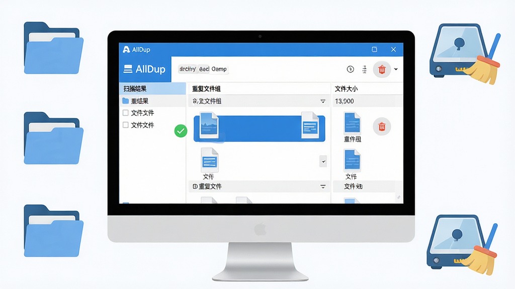 主体:AllDup软件主界面展示在电脑屏幕上,界面清晰显示扫描结果列表和重复文件分组。布局:电脑屏幕占据画面中央,周围有文件夹图标和磁盘清理动画元素。排版:界面中可见“扫描结果”、“重复文件组”、“文件大小”等标签,整体排列有序。风格:现代扁平化设计,配色以蓝白为主,干净明亮。细节:屏幕中高亮显示一组重复文件,旁边有绿色对勾和删除按钮图标。画质:高清,干净,无多余元素。