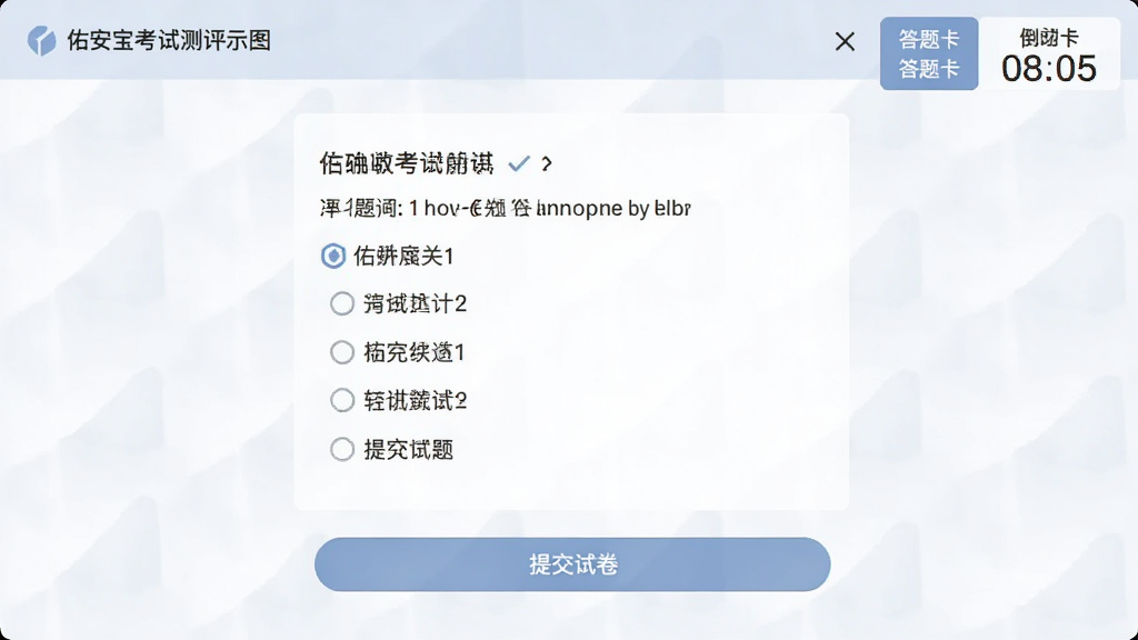 �Ӱ������Բ�������ʾ��ͼ����ʾ����ҳ�棬��Ŀ�·���ѡ����Ͻ��д��⿨�͵���ʱ���ײ��С��ύ�Ծ�����ť��������ɫ���ţ����ֺ����������������ɾ��޶���Ԫ��