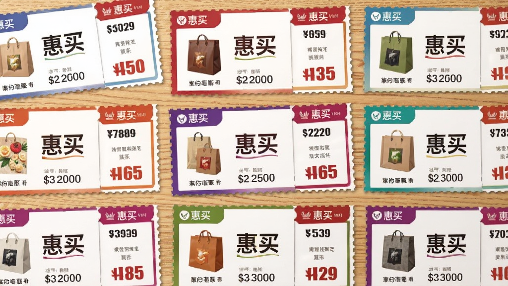 画面主体为一张铺满各类优惠券的桌面,每张优惠券上印有不同商品图案与价格,券面中央标有“惠买”字样。布局采用俯视平铺视角,券面整齐排列,背景为浅木色桌面。风格写实且光线柔和,券面细节清晰可见,数字金额醒目,画质干净无杂物。
