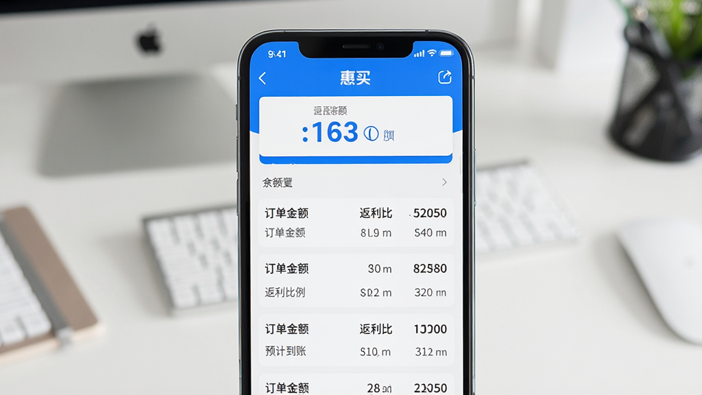 画面主体为手机屏幕特写,屏幕内显示“惠买”App的返利明细页面,列表清晰展示订单金额、返利比例与预计到账时间,顶部账户余额数字突出。布局采用竖向列表结构,手机竖屏居中,背景为简约办公桌面。风格写实,强调数据条理,颜色以蓝白为主,画质干净无多余元素。