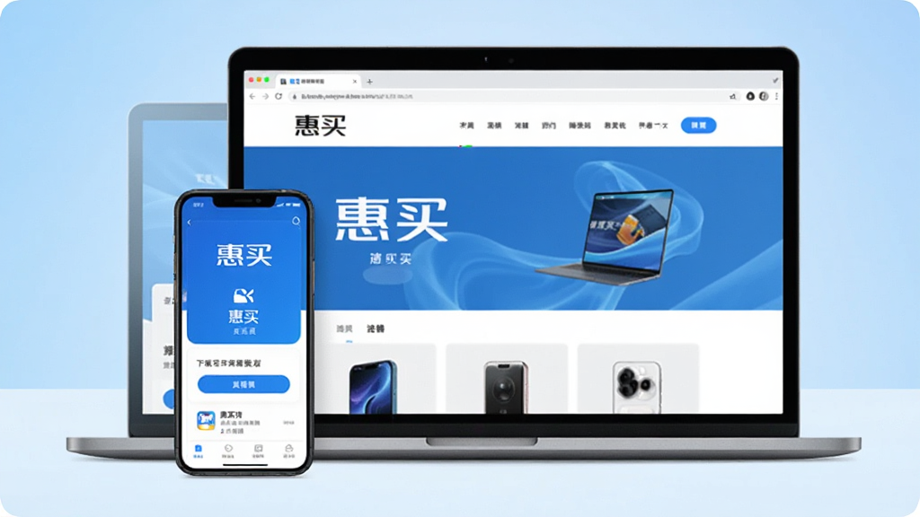 画面主体为一部手机与一台笔记本电脑并排摆放,手机屏幕显示“惠买”App的下载安装页面,电脑屏幕显示惠买官网首页。布局采用对称构图,设备居中,背景为浅蓝色渐变。风格干净明亮,细节表现设备屏幕内容,强调“惠买”品牌字样,画质高清无多余元素。