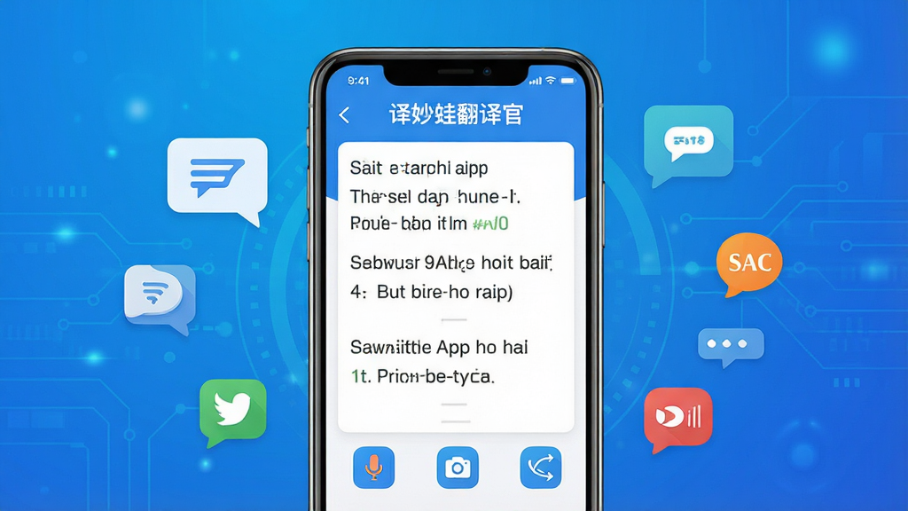 主体:译妙蛙翻译官App界面展示,手机屏幕显示中英互译结果,背景为渐变蓝色科技感。布局:手机居中,周围有简约的翻译气泡和语言图标。排版:干净整洁,突出应用名称“译妙蛙翻译官”字样。风格:现代扁平化,色彩明亮。细节:屏幕内容清晰可见,有麦克风、相机等图标。画质:高清,干净,无多余元素。