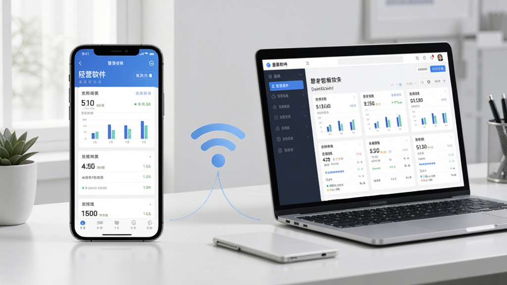 一张展示慧老板软件在手机和电脑上同步使用的场景图,左侧是手机屏幕显示经营报表,右侧是笔记本电脑显示同样的数据看板,中间有无线网络连接图标,办公桌面风格,现代简约,光线柔和,画面干净,突出数据同步与便捷管理,画质清晰,无多余元素
