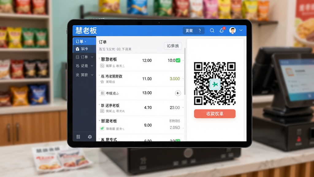 一张展示慧老板软件收银功能界面的图片,画面中央显示订单列表和收款二维码,背景有模糊的实体店铺收银台场景,风格写实,色彩鲜明,软件界面上的文字清晰标注