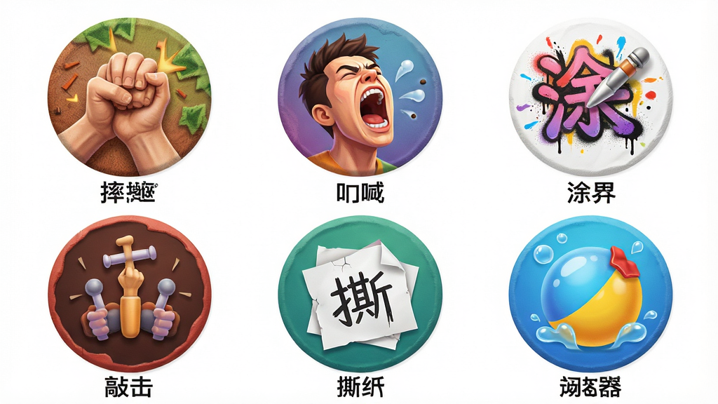 制作一幅展示“发泄解压必备神器”APP多种玩法图标的宣传图,主体是六个风格不同的圆形图标,分别代表摔打、呐喊、涂鸦、敲击、撕纸和水球,图标色彩鲜艳且富有质感,背景为纯白色,图标下方有中文名称标签,布局为两行三列,风格扁平化设计,细节精致,画质高清,干净,无多余元素。