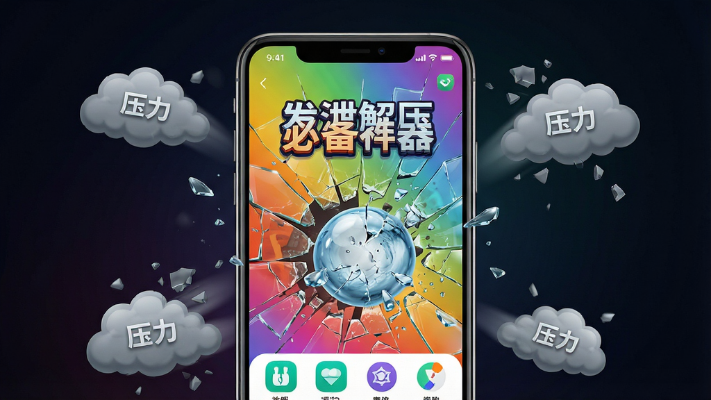 设计一张充满动感与宣泄感的手机应用预览图,主体为一部智能手机屏幕,屏幕内展示“发泄解压必备神器”APP的首页界面,界面色彩鲜明,有破碎玻璃、水球爆炸等动态元素,周围悬浮着象征压力的灰色云朵被击碎的视觉效果,背景为深色渐变,突出APP界面的明亮与活力,整体布局主体居中,科技感与现代感结合,画质高清,干净,无多余元素。
