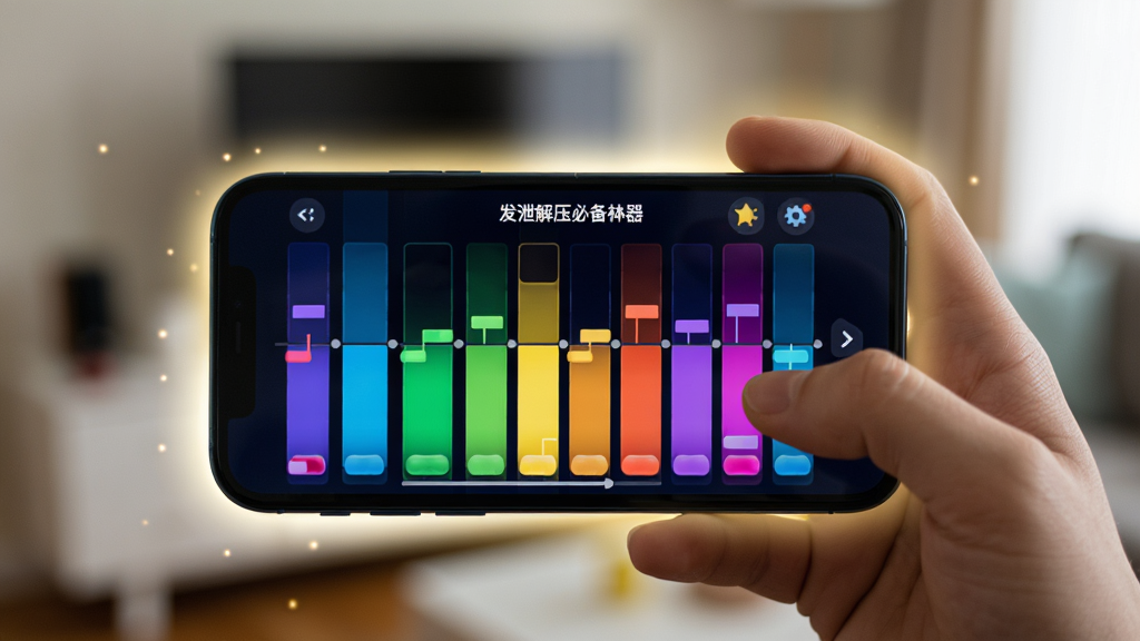 制作一张手机横屏玩“发泄解压必备神器”APP的实拍场景图,主体为一部手机被握在手中,屏幕显示节奏打击乐的彩色音符界面,背景是模糊的室内环境,光线柔和,突出手机屏幕的亮丽色彩,布局为手机居中,周围有微微的光晕效果,风格写实,细节清晰,画质干净,无多余元素。