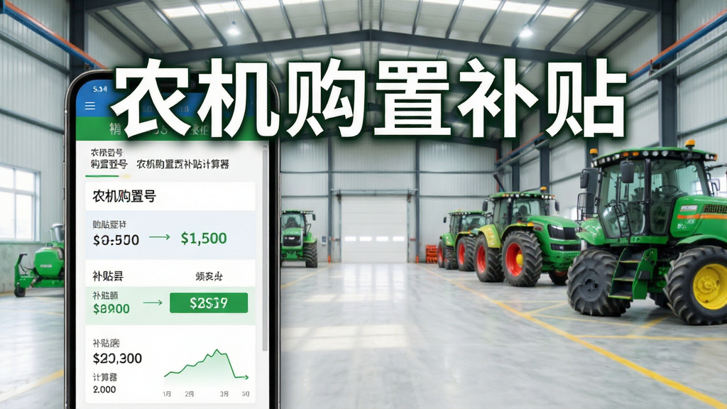 农机购置补贴软件补贴计算器界面,手机屏幕显示农机型号与补贴金额,背景为现代化的农机仓库,光线明亮,突出“农机购置补贴”字样,画质高清,画面干净整洁