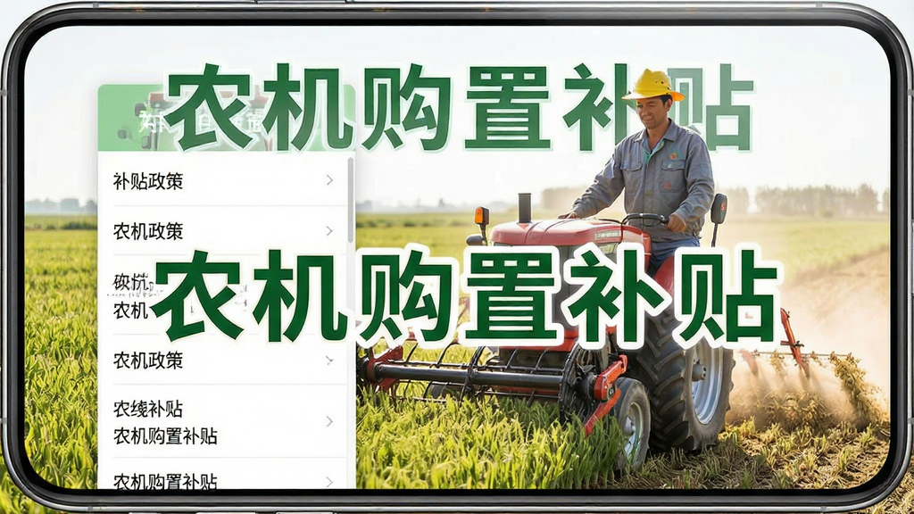农机购置补贴软件政策查询页面,手机屏幕显示补贴政策列表,背景为农民在田间使用农机作业,画面自然明亮,突出“农机购置补贴”字样,画质清晰干净,无多余元素