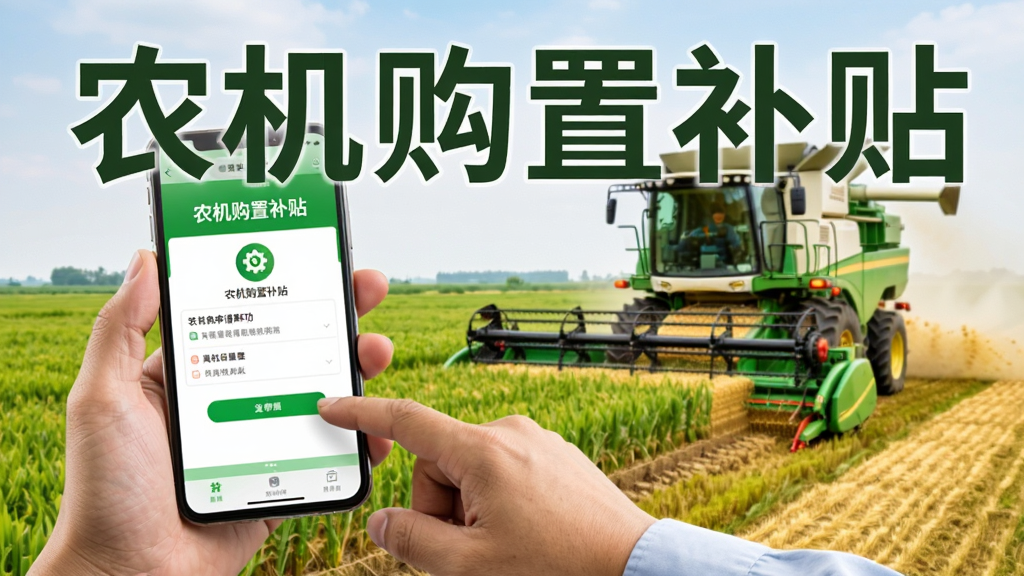 农机购置补贴软件使用教程插图,展示用户手持手机在田间操作,手机屏幕显示补贴申请成功界面,背景是收割机作业,画面自然生动,突出“农机购置补贴”字样,画质清晰明亮,干净无杂物